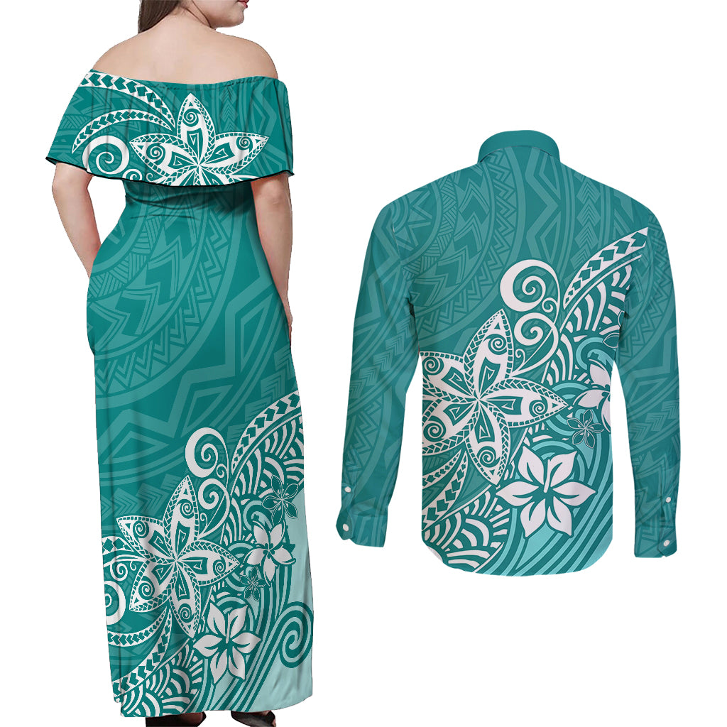 Polynesia Couples Matching Off Shoulder Maxi Dress and Long Sleeve Button Shirts Plumeria Teal Curves LT7 - Polynesian Pride