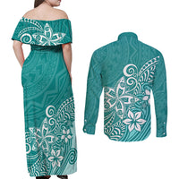 Polynesia Couples Matching Off Shoulder Maxi Dress and Long Sleeve Button Shirts Plumeria Teal Curves LT7 - Polynesian Pride