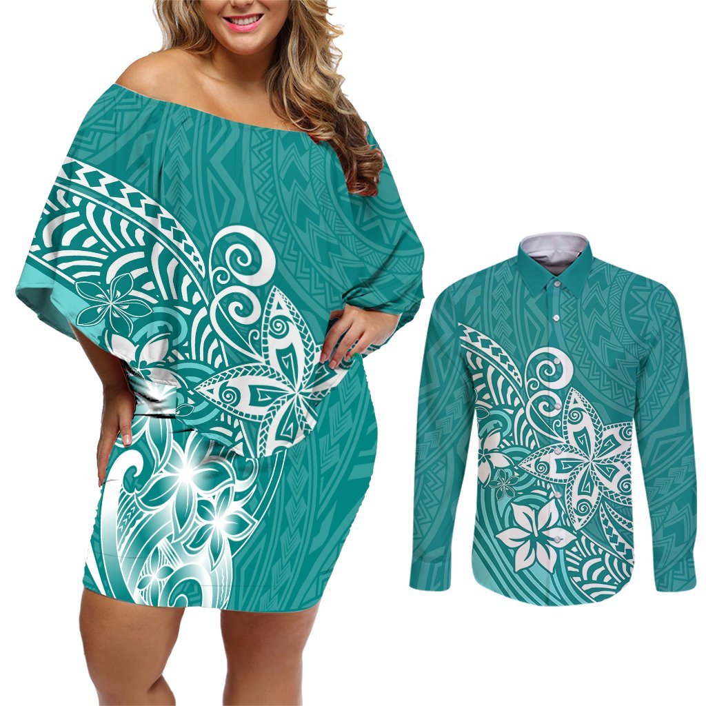 Polynesia Couples Matching Off Shoulder Short Dress and Long Sleeve Button Shirts Plumeria Teal Curves LT7 Teal - Polynesian Pride