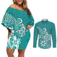 Polynesia Couples Matching Off Shoulder Short Dress and Long Sleeve Button Shirts Plumeria Teal Curves LT7 Teal - Polynesian Pride