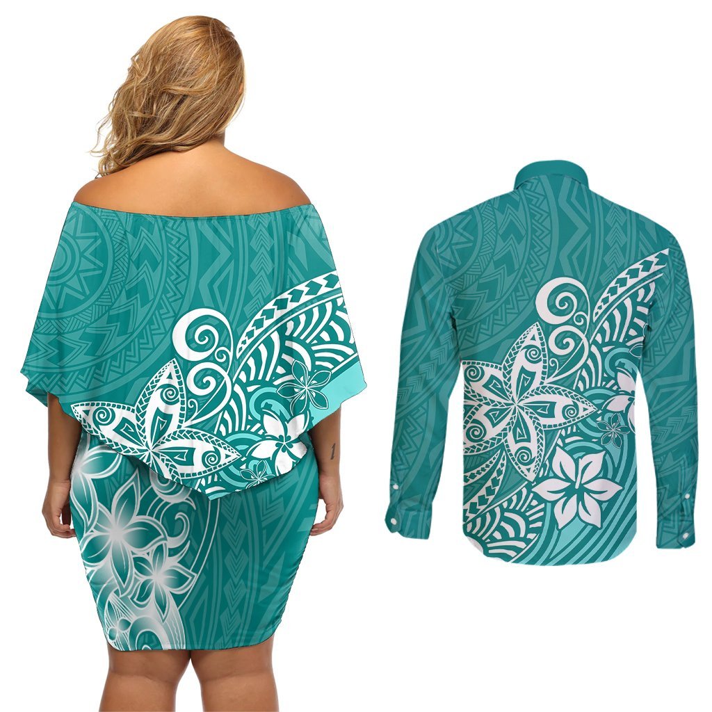 Polynesia Couples Matching Off Shoulder Short Dress and Long Sleeve Button Shirts Plumeria Teal Curves LT7 - Polynesian Pride