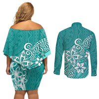 Polynesia Couples Matching Off Shoulder Short Dress and Long Sleeve Button Shirts Plumeria Teal Curves LT7 - Polynesian Pride