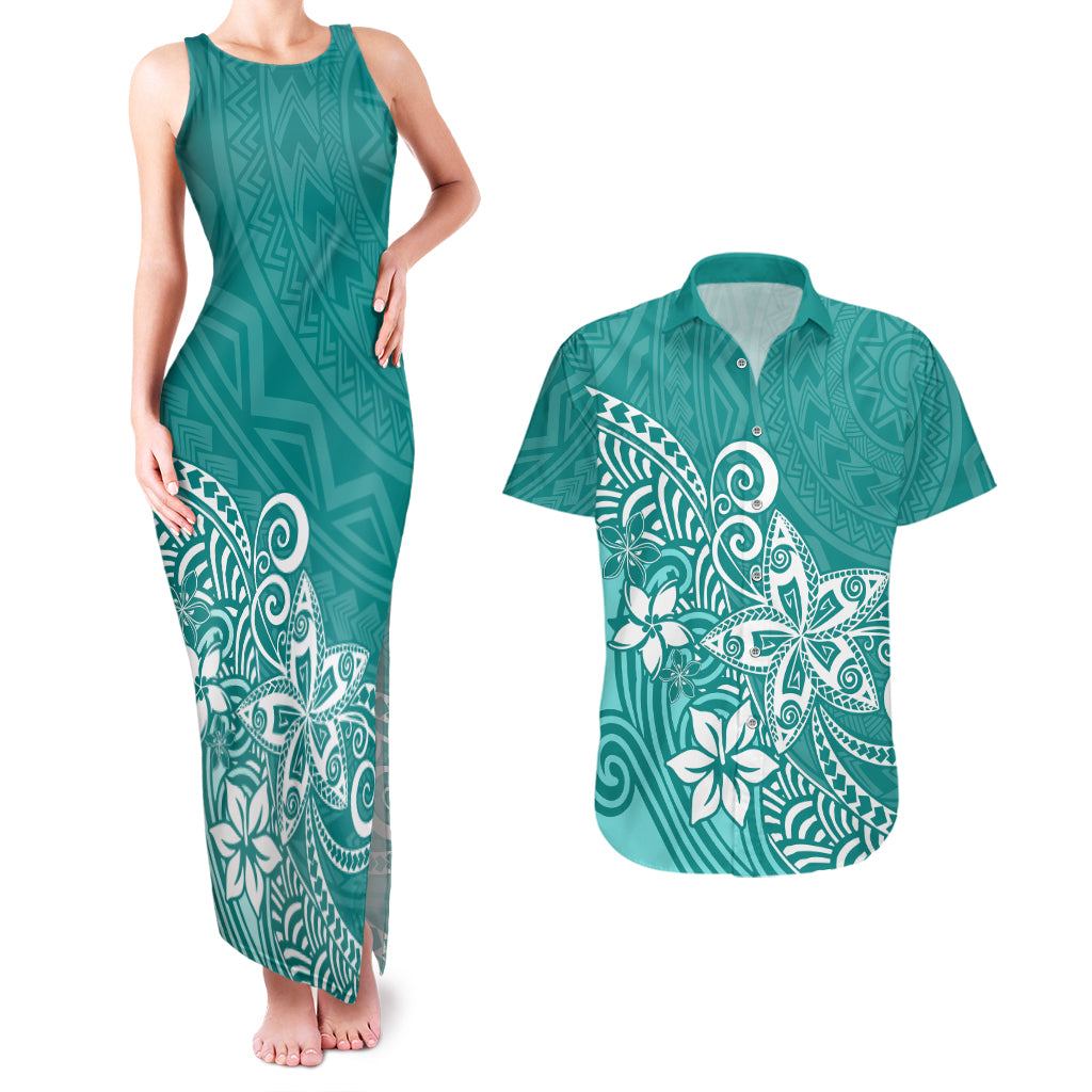 Polynesia Couples Matching Tank Maxi Dress And Hawaiian Shirt Plumeria Teal Curves LT7 Teal - Polynesian Pride