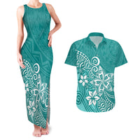 Polynesia Couples Matching Tank Maxi Dress And Hawaiian Shirt Plumeria Teal Curves LT7 Teal - Polynesian Pride
