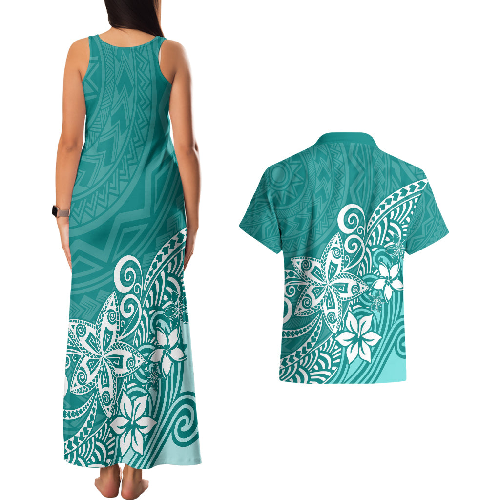 Polynesia Couples Matching Tank Maxi Dress And Hawaiian Shirt Plumeria Teal Curves LT7 - Polynesian Pride