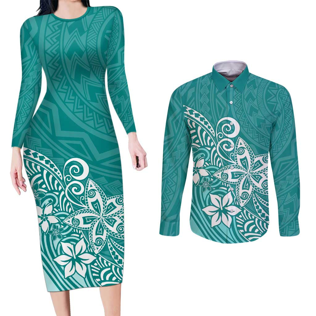 Polynesia Couples Matching Long Sleeve Bodycon Dress and Long Sleeve Button Shirts Plumeria Teal Curves LT7