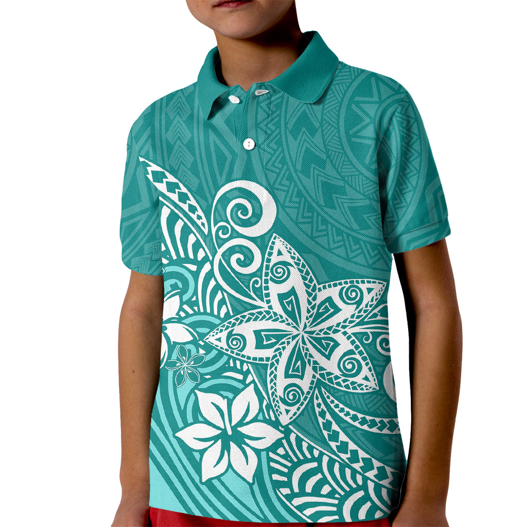 Polynesia Kid Polo Shirt Plumeria Teal Curves LT7 Kid Teal - Polynesian Pride