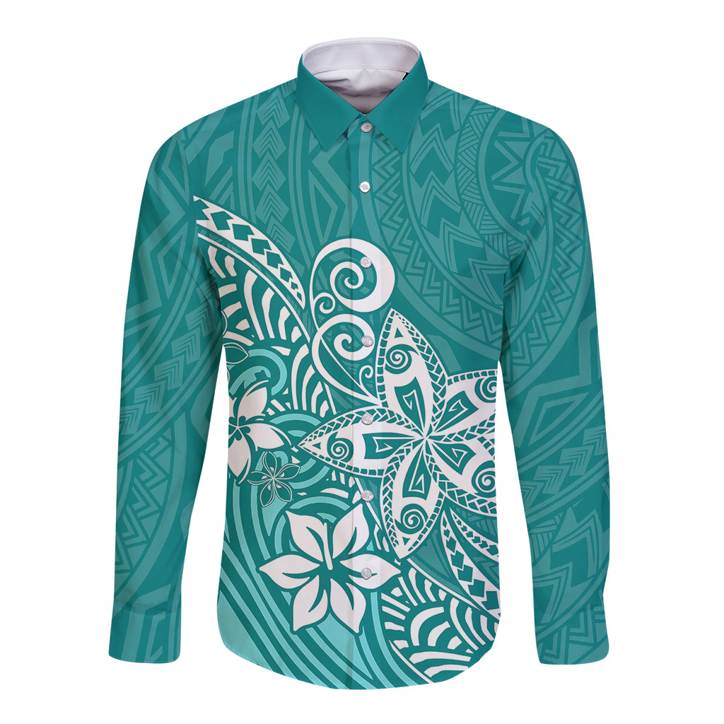 Polynesia Long Sleeve Button Shirt Plumeria Teal Curves LT7 Unisex Teal - Polynesian Pride