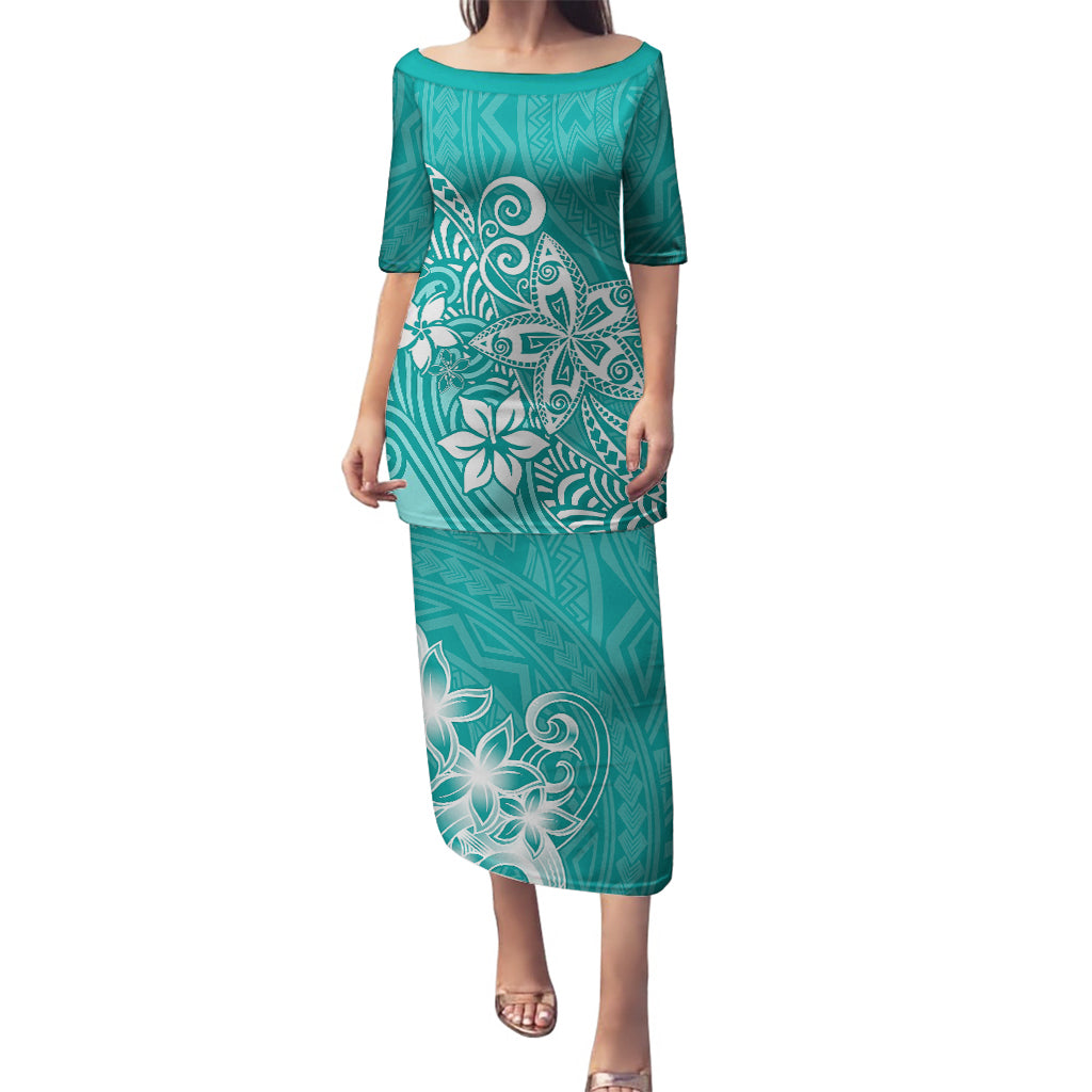 Polynesia Puletasi Plumeria Teal Curves LT7 Long Dress Teal - Polynesian Pride