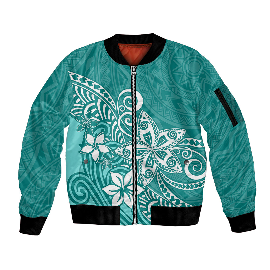 Polynesia Sleeve Zip Bomber Jacket Plumeria Teal Curves LT7 Unisex Teal - Polynesian Pride