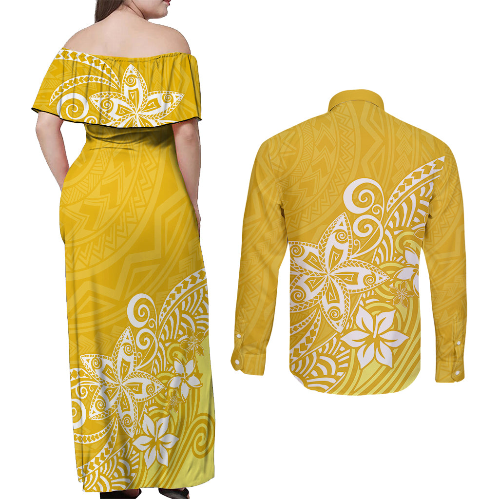Polynesia Couples Matching Off Shoulder Maxi Dress and Long Sleeve Button Shirts Plumeria Yellow Curves LT7 - Polynesian Pride