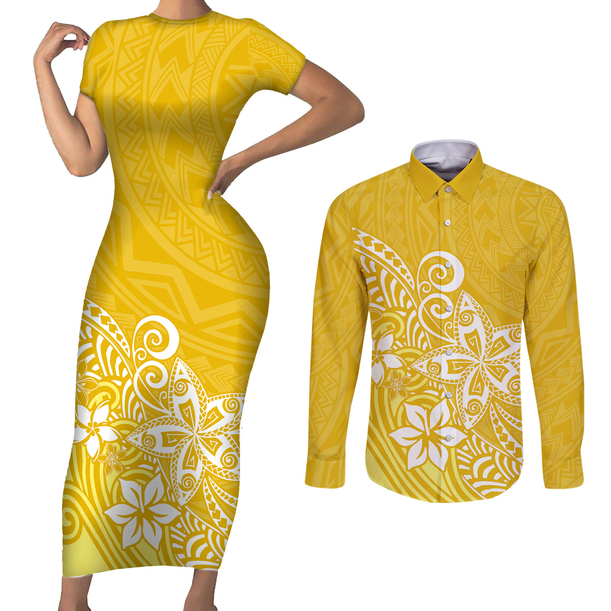 Polynesia Couples Matching Short Sleeve Bodycon Dress and Long Sleeve Button Shirts Plumeria Yellow Curves LT7 Yellow - Polynesian Pride