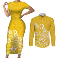 Polynesia Couples Matching Short Sleeve Bodycon Dress and Long Sleeve Button Shirts Plumeria Yellow Curves LT7 Yellow - Polynesian Pride