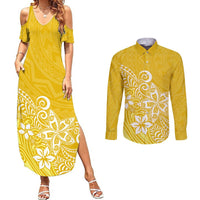 Polynesia Couples Matching Summer Maxi Dress and Long Sleeve Button Shirts Plumeria Yellow Curves LT7 Yellow - Polynesian Pride