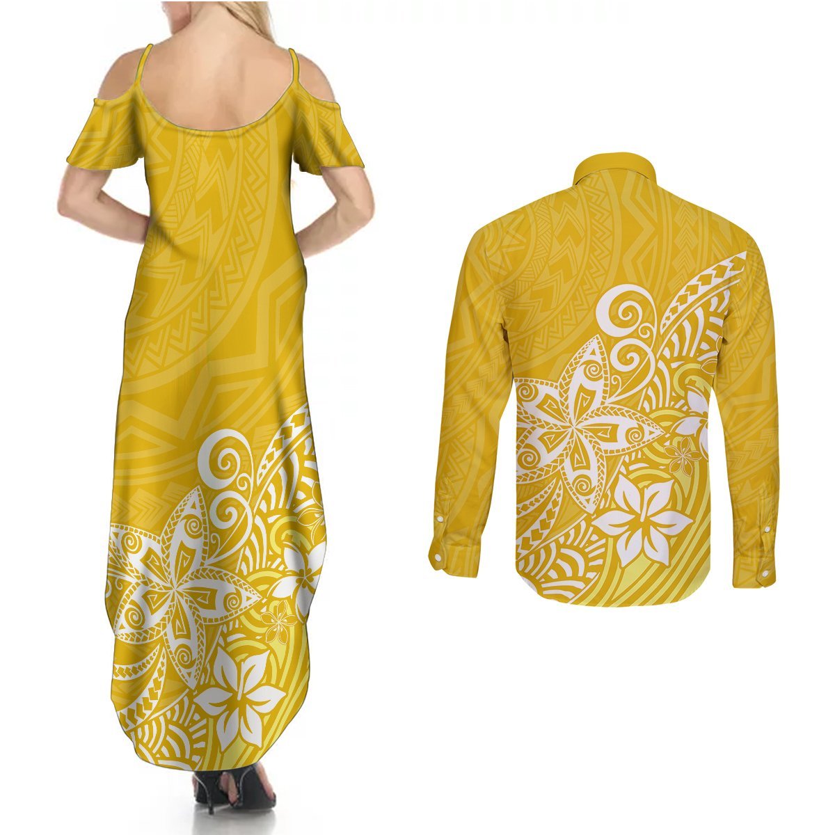 Polynesia Couples Matching Summer Maxi Dress and Long Sleeve Button Shirts Plumeria Yellow Curves LT7 - Polynesian Pride