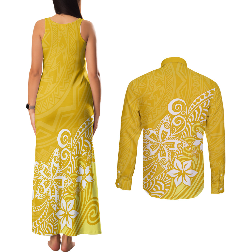 Polynesia Couples Matching Tank Maxi Dress and Long Sleeve Button Shirts Plumeria Yellow Curves LT7 - Polynesian Pride