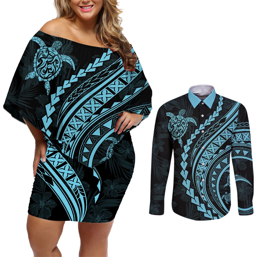 Polynesian Pride Couples Matching Off Shoulder Short Dress and Long Sleeve Button Shirts Turtle Hibiscus Luxury Style - Aquamarine LT7 Aquamarine - Polynesian Pride