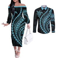 Polynesian Pride Couples Matching Off The Shoulder Long Sleeve Dress and Long Sleeve Button Shirts Turtle Hibiscus Luxury Style - Aquamarine LT7 Aquamarine - Polynesian Pride