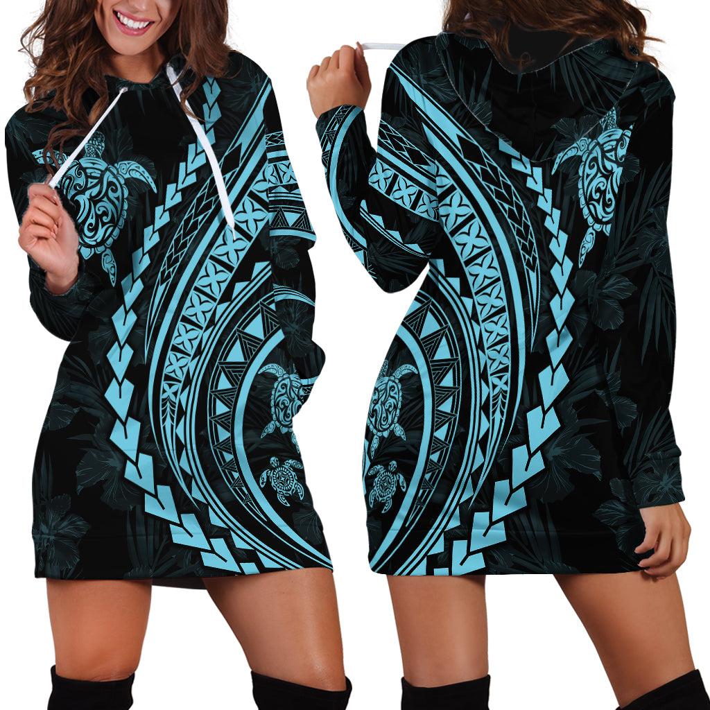 Polynesian Pride Hoodie Dress Turtle Hibiscus Luxury Style - Aquamarine LT7 - Polynesian Pride