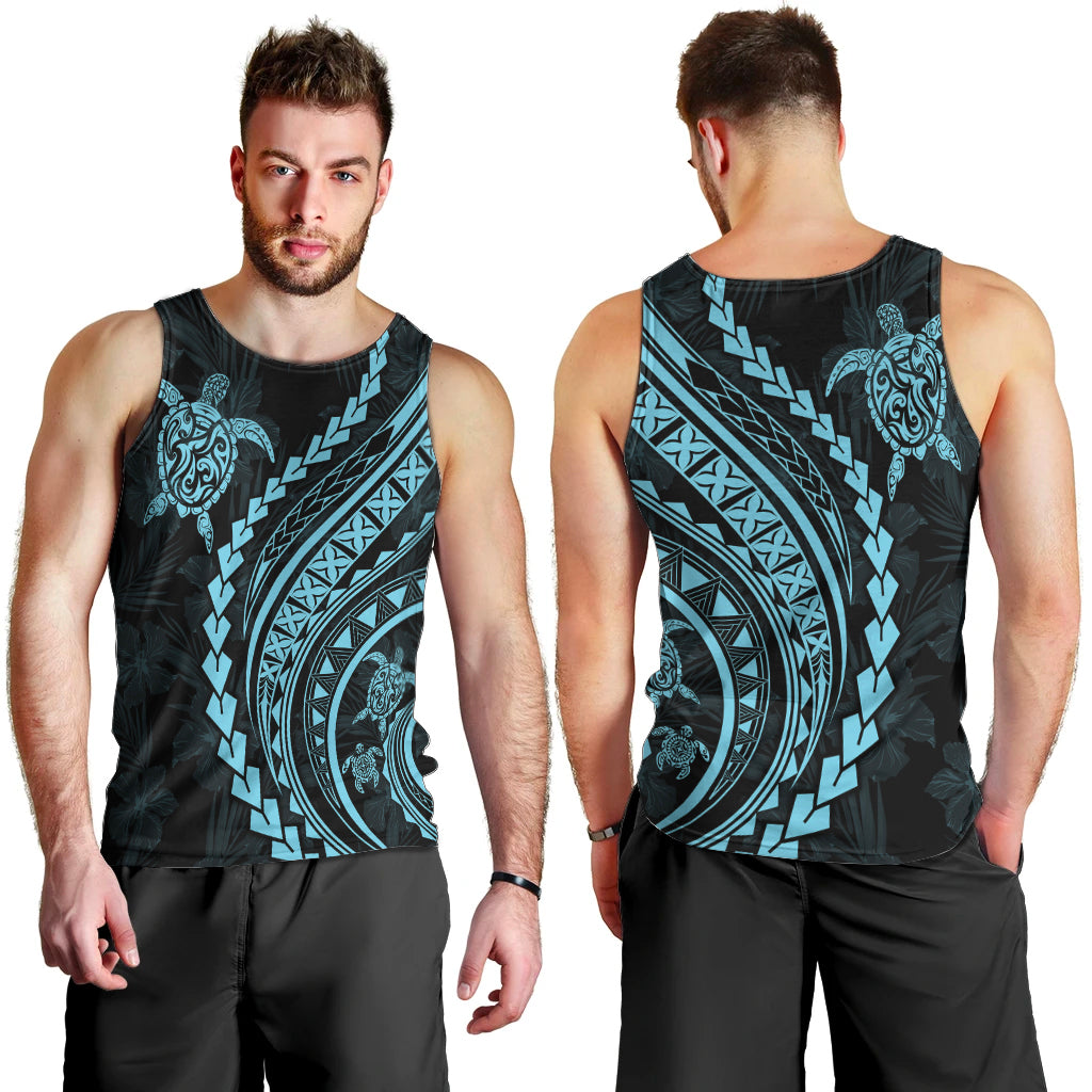 Polynesian Pride Men Tank Top Turtle Hibiscus Luxury Style - Aquamarine LT7 - Polynesian Pride