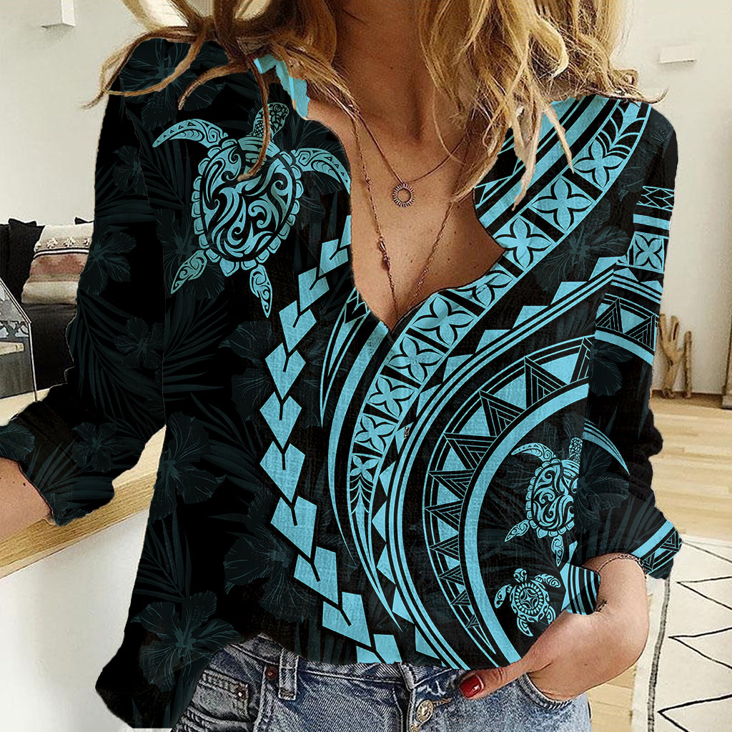 Polynesian Pride Women Casual Shirt Turtle Hibiscus Luxury Style - Aquamarine LT7 Female Aquamarine - Polynesian Pride