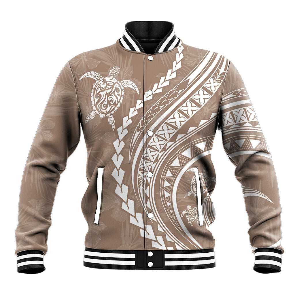 Polynesian Pride Baseball Jacket Turtle Hibiscus Luxury Style - Beige LT7 Unisex Beige - Polynesian Pride