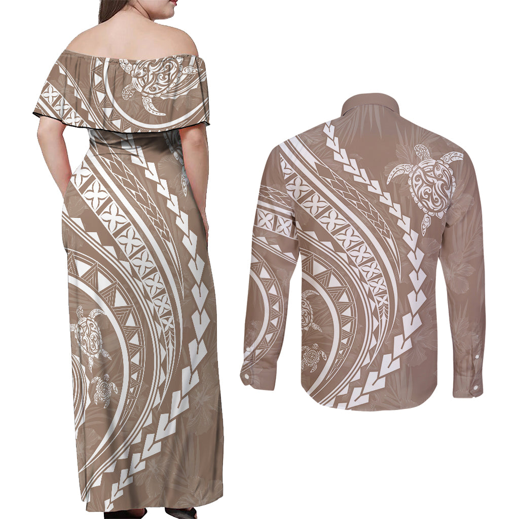 Polynesian Pride Couples Matching Off Shoulder Maxi Dress and Long Sleeve Button Shirts Turtle Hibiscus Luxury Style - Beige LT7 - Polynesian Pride