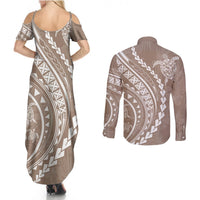 Polynesian Pride Couples Matching Summer Maxi Dress and Long Sleeve Button Shirts Turtle Hibiscus Luxury Style - Beige LT7 - Polynesian Pride