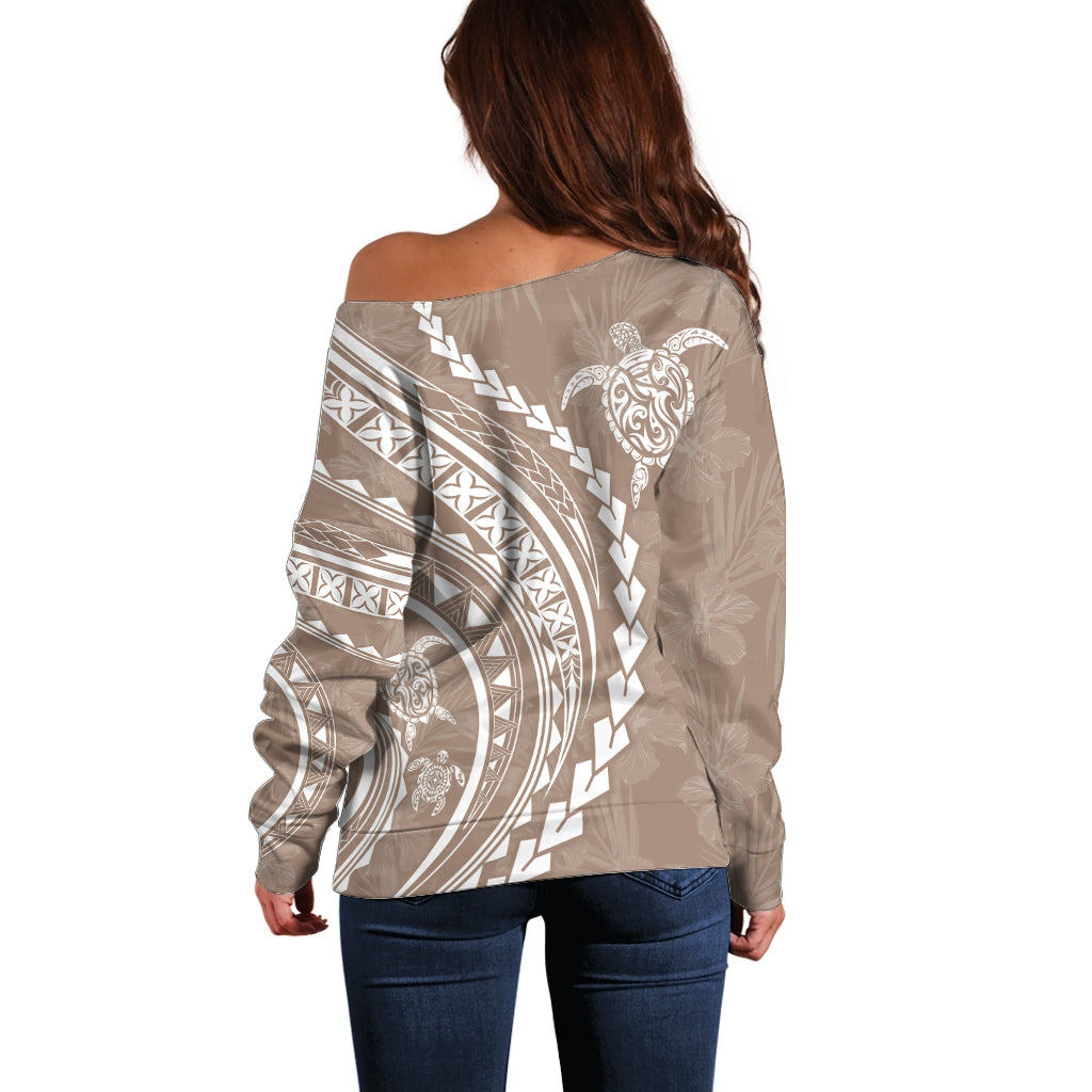 Polynesian Pride Off Shoulder Sweater Turtle Hibiscus Luxury Style - Beige LT7 - Polynesian Pride