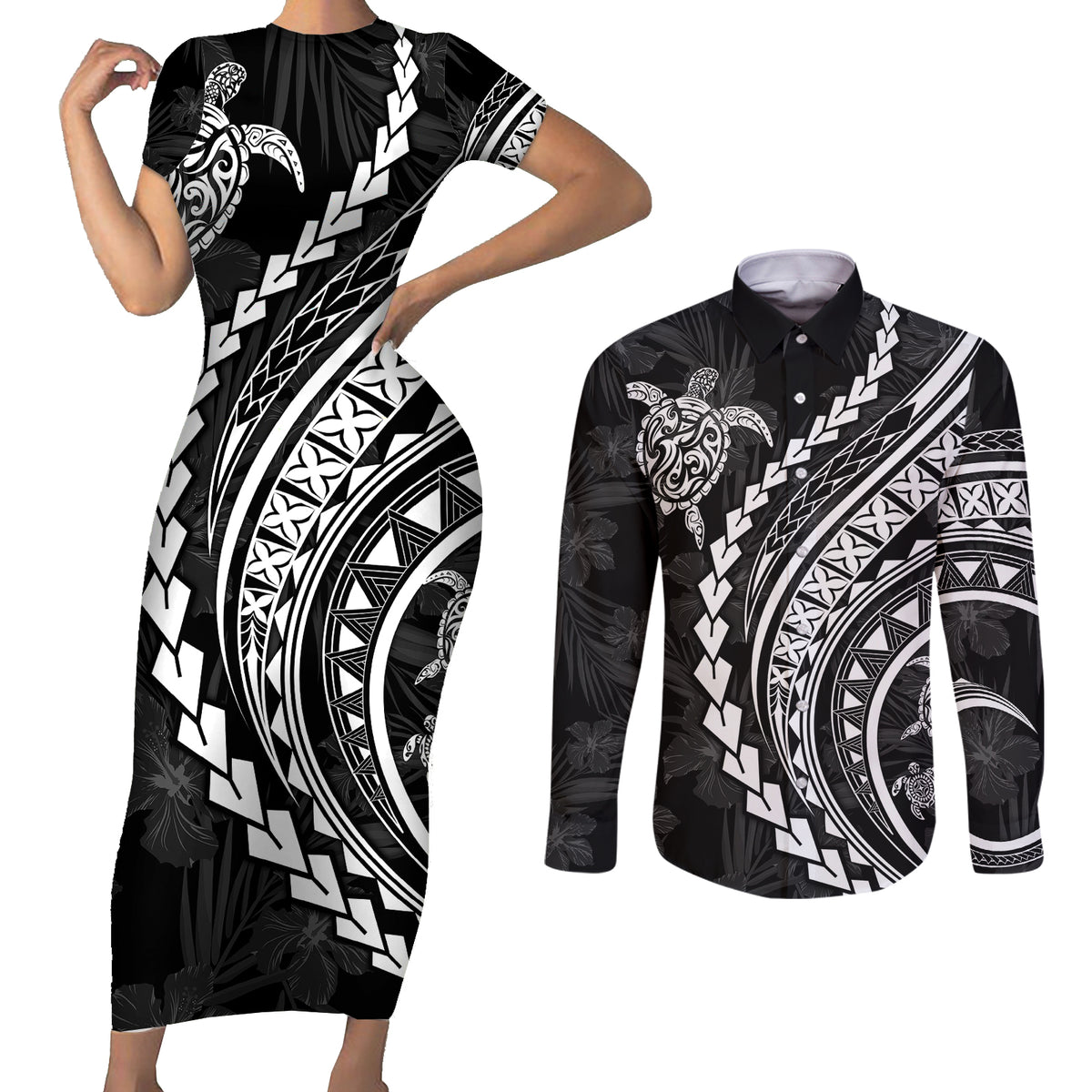 Polynesian Pride Couples Matching Short Sleeve Bodycon Dress and Long Sleeve Button Shirts Turtle Hibiscus Luxury Style - Black LT7 Black - Polynesian Pride
