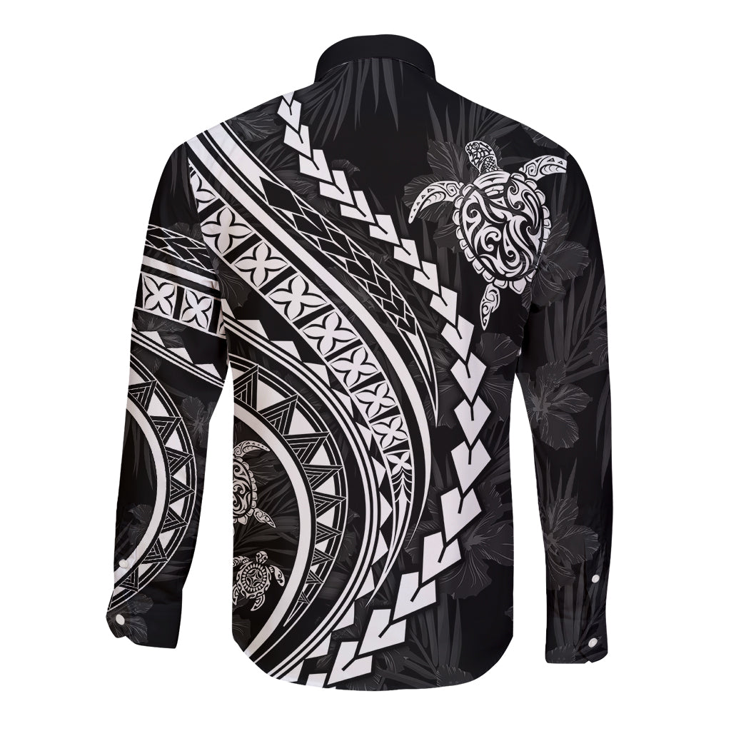 Polynesian Pride Long Sleeve Button Shirt Turtle Hibiscus Luxury Style - Black LT7 - Polynesian Pride
