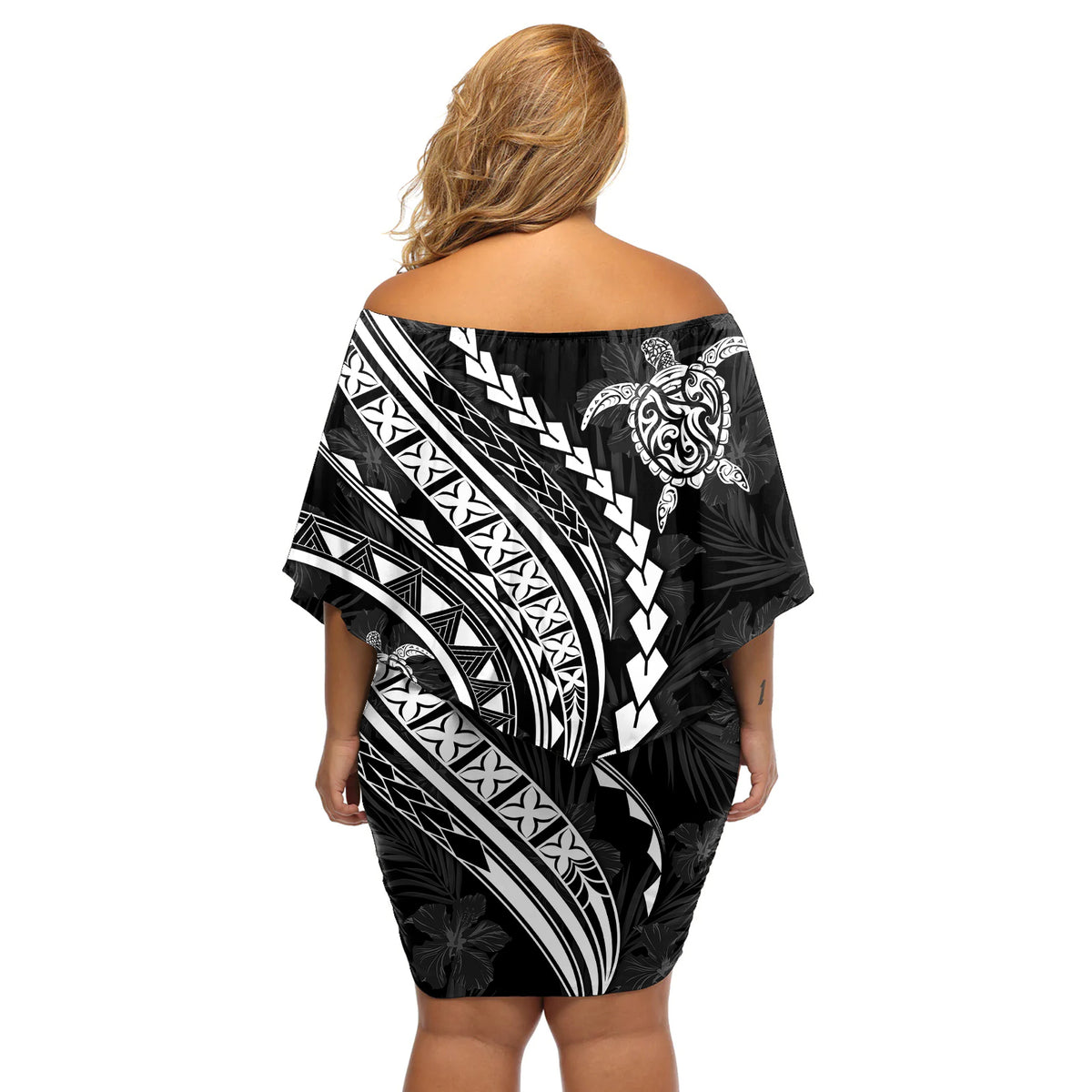 Polynesian Pride Off Shoulder Short Dress Turtle Hibiscus Luxury Style - Black LT7 - Polynesian Pride