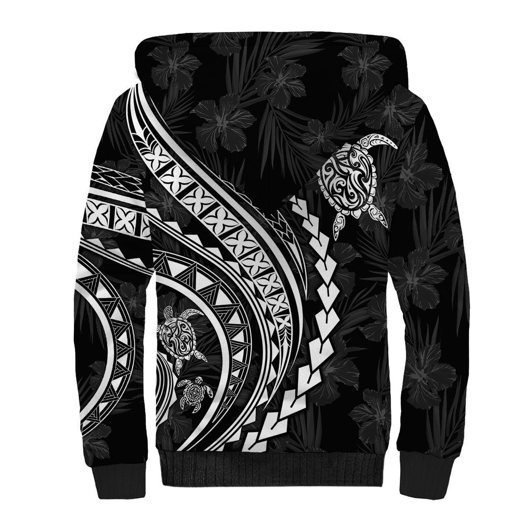 Polynesian Pride Sherpa Hoodie Turtle Hibiscus Luxury Style - Black LT7 - Polynesian Pride