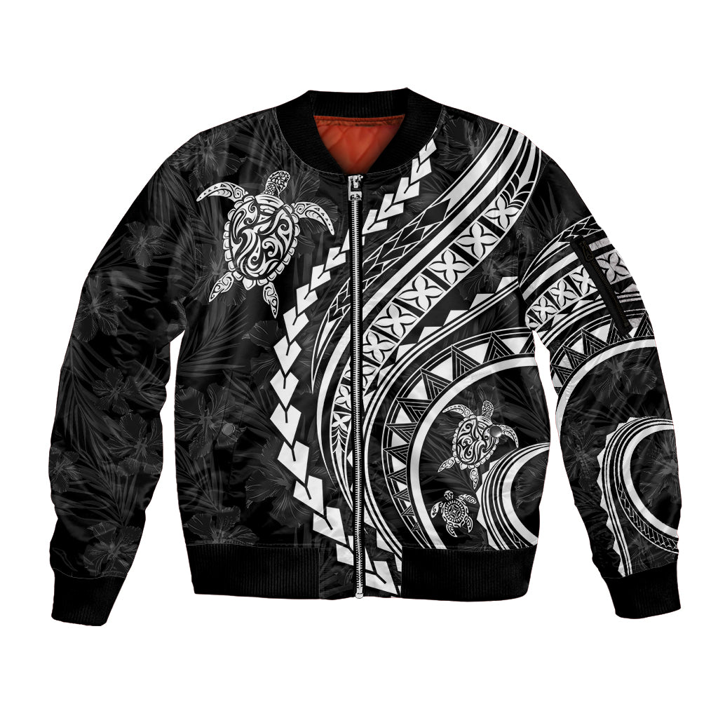 Polynesian Pride Sleeve Zip Bomber Jacket Turtle Hibiscus Luxury Style - Black LT7 Unisex Black - Polynesian Pride