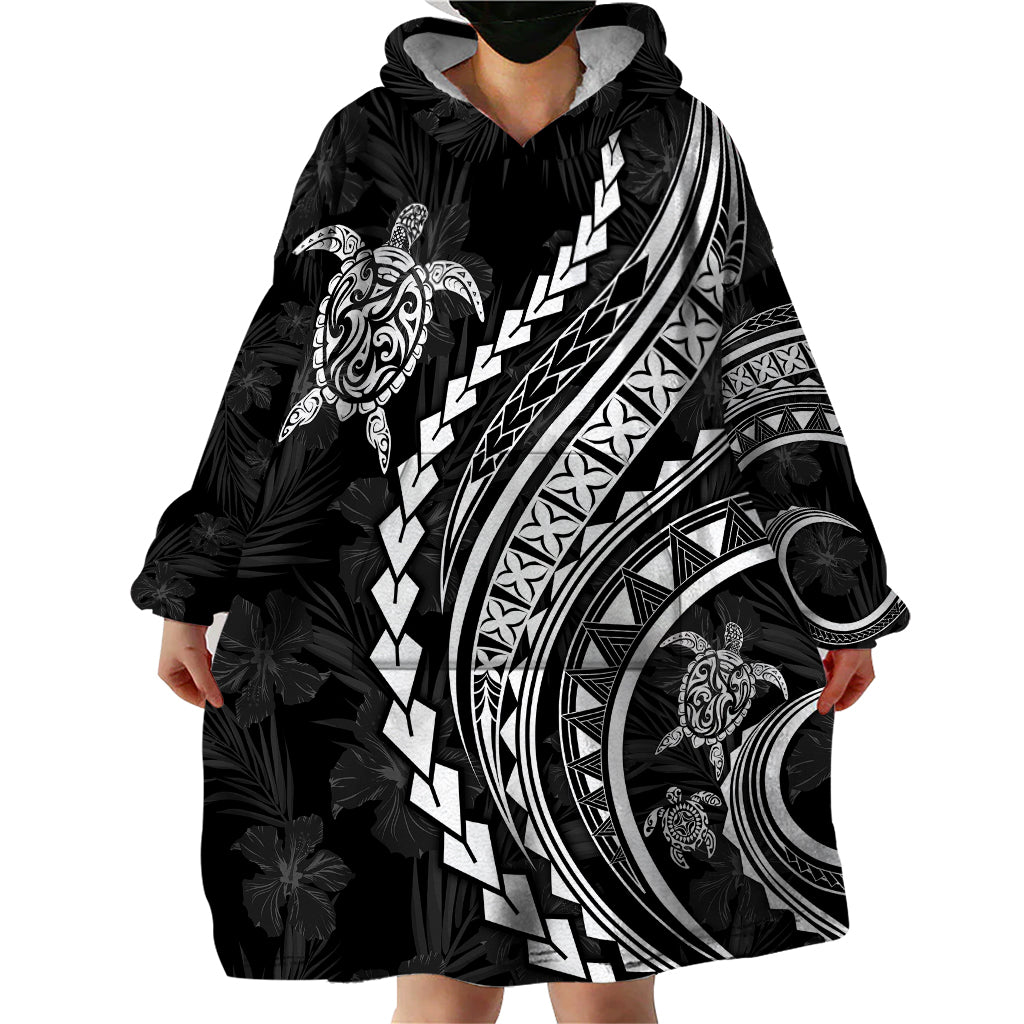 Polynesian Pride Wearable Blanket Hoodie Turtle Hibiscus Luxury Style - Black LT7 - Polynesian Pride