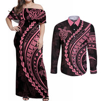 Polynesian Pride Couples Matching Off Shoulder Maxi Dress and Long Sleeve Button Shirts Turtle Hibiscus Luxury Style - Carnation Pink LT7 Carnation Pink - Polynesian Pride