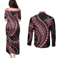 Polynesian Pride Couples Matching Puletasi Dress and Long Sleeve Button Shirts Turtle Hibiscus Luxury Style - Carnation Pink LT7 - Polynesian Pride