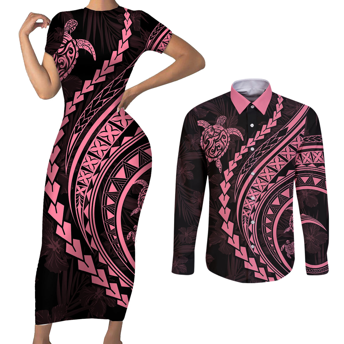 Polynesian Pride Couples Matching Short Sleeve Bodycon Dress and Long Sleeve Button Shirts Turtle Hibiscus Luxury Style - Carnation Pink LT7 Carnation Pink - Polynesian Pride