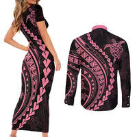 Polynesian Pride Couples Matching Short Sleeve Bodycon Dress and Long Sleeve Button Shirts Turtle Hibiscus Luxury Style - Carnation Pink LT7 - Polynesian Pride