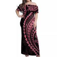 Polynesian Pride Off Shoulder Maxi Dress Turtle Hibiscus Luxury Style - Carnation Pink LT7 Women Carnation Pink - Polynesian Pride