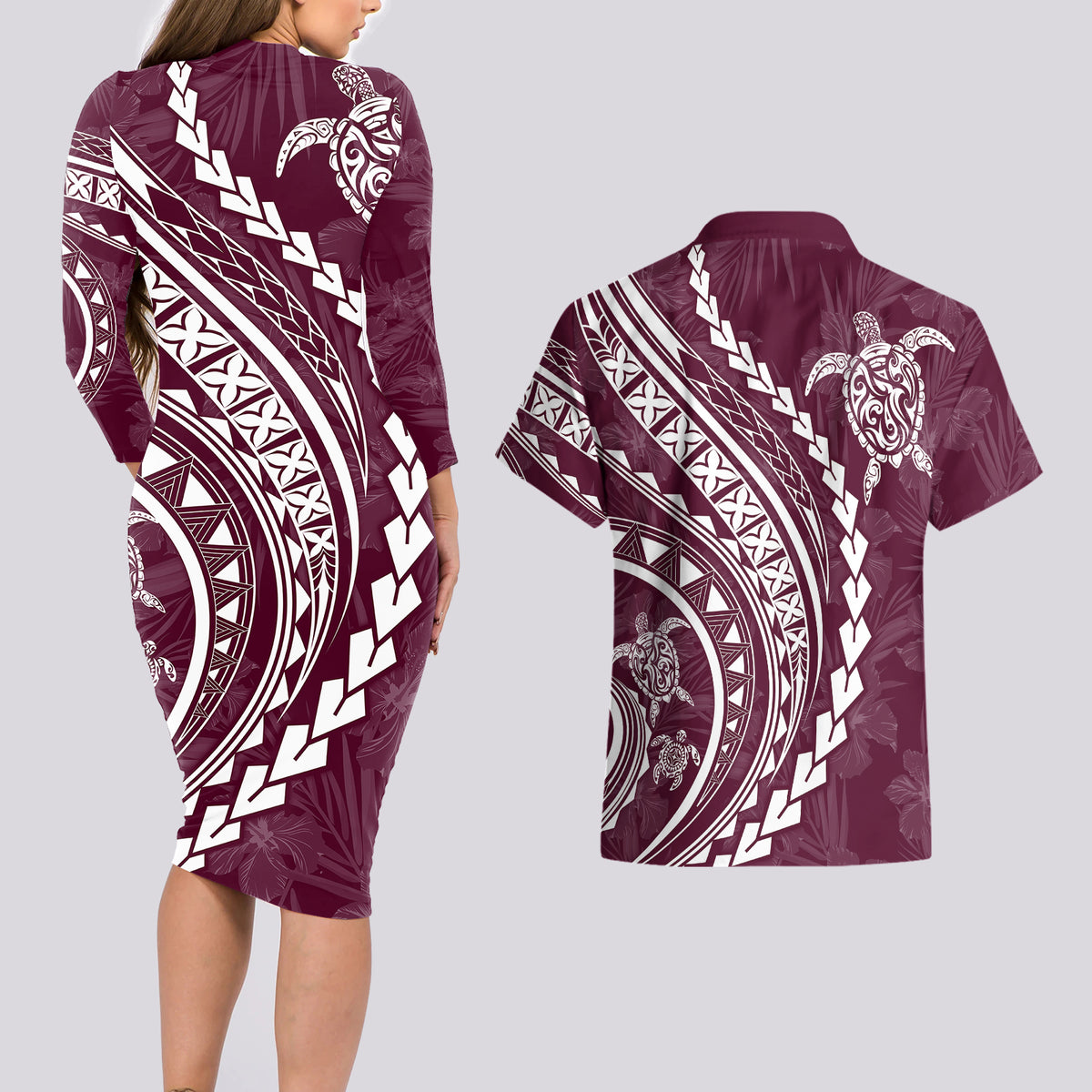 Polynesian Pride Couples Matching Long Sleeve Bodycon Dress and Hawaiian Shirt Turtle Hibiscus Luxury Style - Champagne LT7 - Polynesian Pride