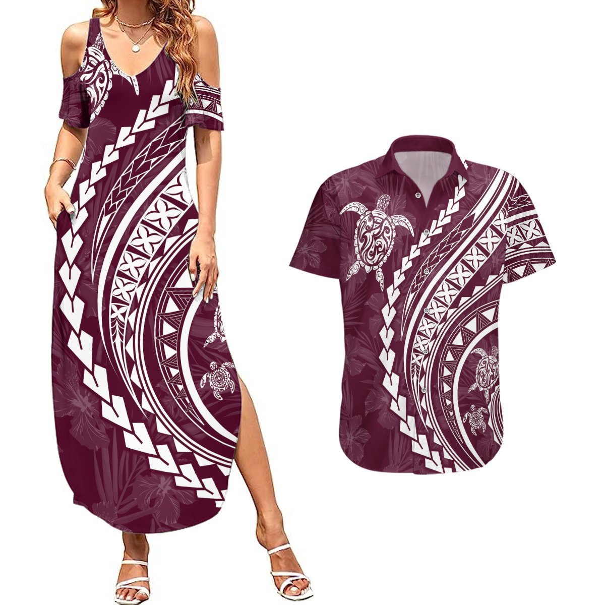 Polynesian Pride Couples Matching Summer Maxi Dress and Hawaiian Shirt Turtle Hibiscus Luxury Style - Champagne LT7 Champagne - Polynesian Pride
