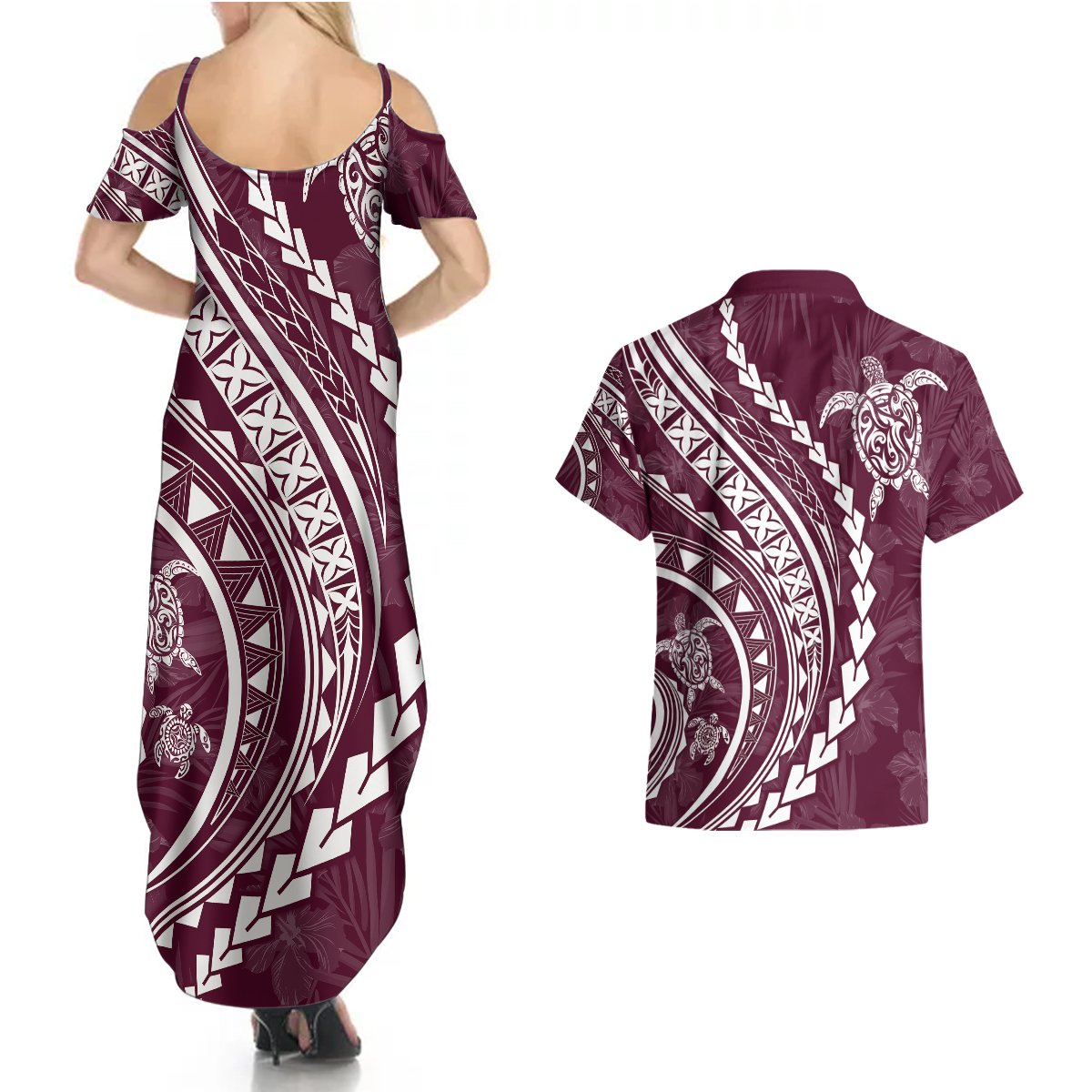 Polynesian Pride Couples Matching Summer Maxi Dress and Hawaiian Shirt Turtle Hibiscus Luxury Style - Champagne LT7 - Polynesian Pride