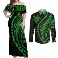 Polynesian Pride Couples Matching Off Shoulder Maxi Dress and Long Sleeve Button Shirts Turtle Hibiscus Luxury Style - Green LT7 Green - Polynesian Pride