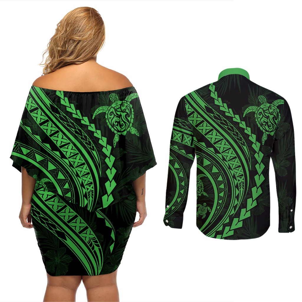 Polynesian Pride Couples Matching Off Shoulder Short Dress and Long Sleeve Button Shirts Turtle Hibiscus Luxury Style - Green LT7 - Polynesian Pride