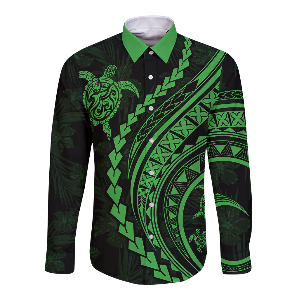 Polynesian Pride Long Sleeve Button Shirt Turtle Hibiscus Luxury Style - Green LT7 Unisex Green - Polynesian Pride