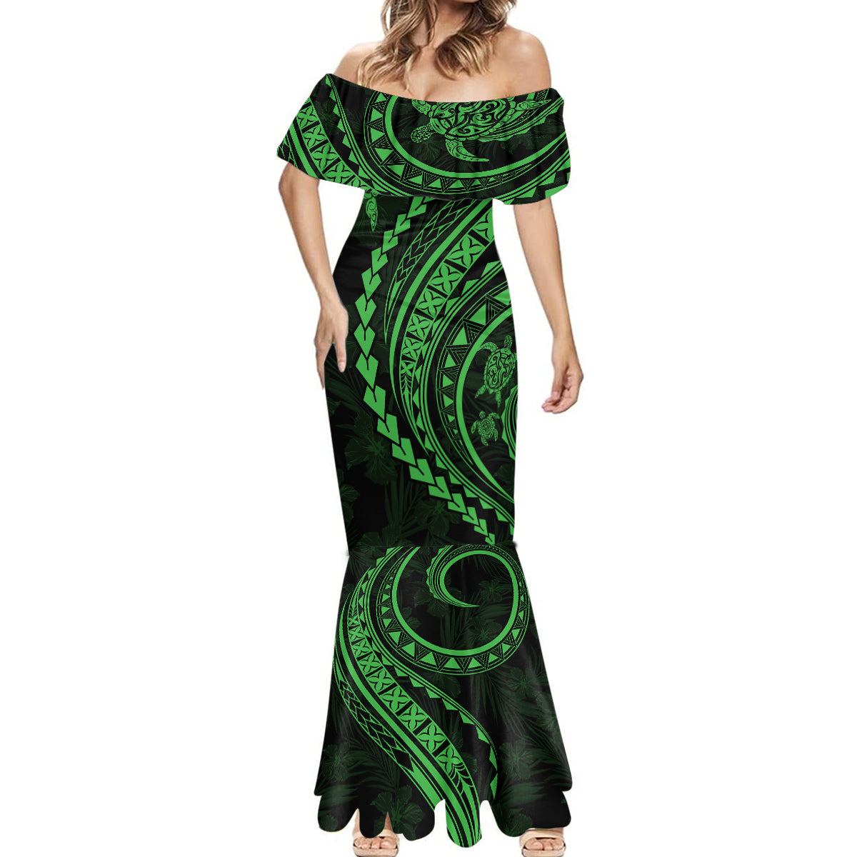 Polynesian Pride Mermaid Dress Turtle Hibiscus Luxury Style - Green LT7 - Polynesian Pride
