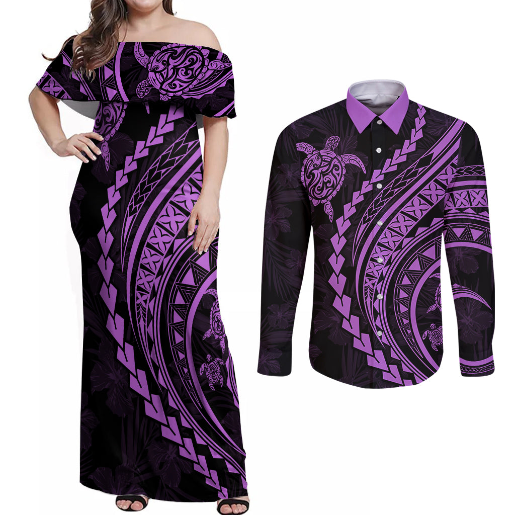 Polynesian Pride Couples Matching Off Shoulder Maxi Dress and Long Sleeve Button Shirts Turtle Hibiscus Luxury Style - Lilac LT7 Lilac - Polynesian Pride