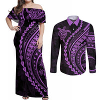 Polynesian Pride Couples Matching Off Shoulder Maxi Dress and Long Sleeve Button Shirts Turtle Hibiscus Luxury Style - Lilac LT7 Lilac - Polynesian Pride