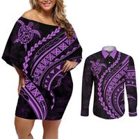 Polynesian Pride Couples Matching Off Shoulder Short Dress and Long Sleeve Button Shirts Turtle Hibiscus Luxury Style - Lilac LT7 Lilac - Polynesian Pride